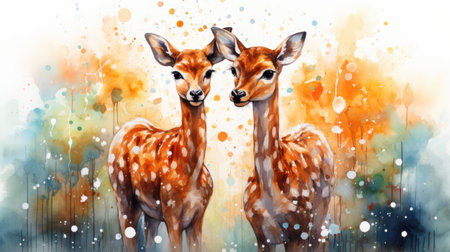 two fawns in the forest with watercolor splashesの素材