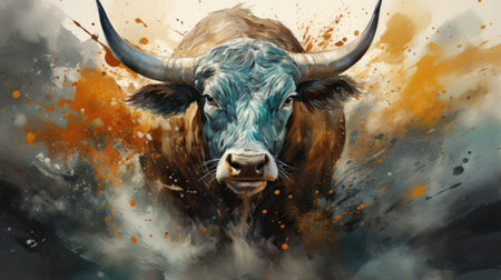 a bull with splashes of water and smoke.の素材