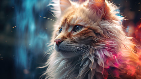 Portrait of a red cat on a dark background with lights.の素材