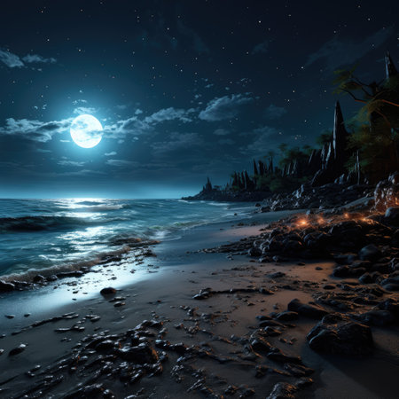 Fantasy beach at night with full moon and stars in the skyの素材