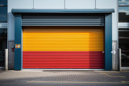 Closed warehouse with the national flag of Poland on a roller shutter door.の素材