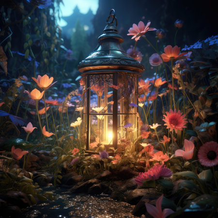Lantern in the forest with flowersの素材
