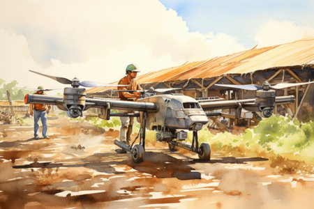 Oil painting of a man working on a small airplane in the fieldの素材