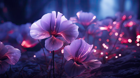 Purple poppies in the forest at night. Spring backgroundの素材