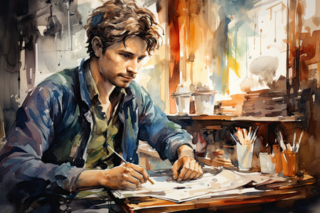 Original oil painting of a young artist sitting at his desk in his studio.の素材