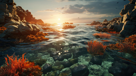 beautiful seascape with rocks and seaweed.