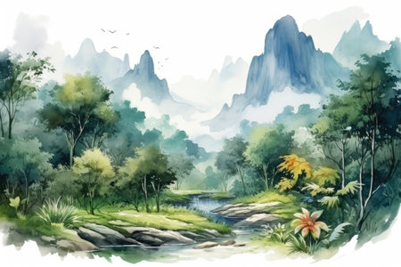 Watercolor painting of a landscape with a river, mountains and flowersの素材