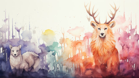 Watercolor painting of a deer and a wolf in the forest.の素材