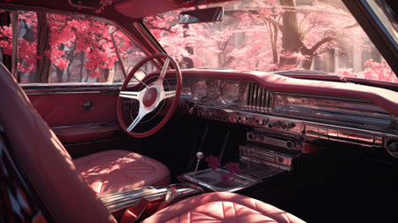 Retro car interior with red seats, steering wheel and dashboard.の素材