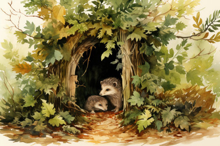 Two cute hedgehogs in a wooden house in the autumn forestの素材