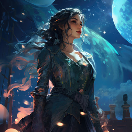 Fantasy illustration of a beautiful girl in a fantasy worldの素材