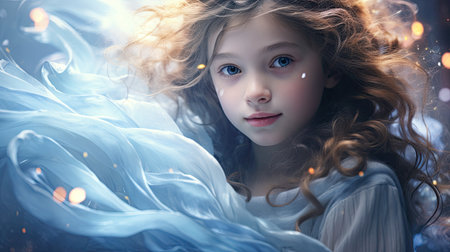 Beautiful little girl with long curly hair. Fairy taleの素材