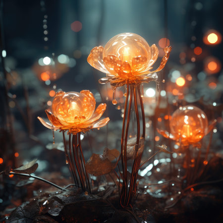 Beautiful glowing incandescent lamps in the forest. Selective focus.の素材