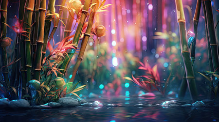 a fantasy bamboo forest with water and plants.の素材