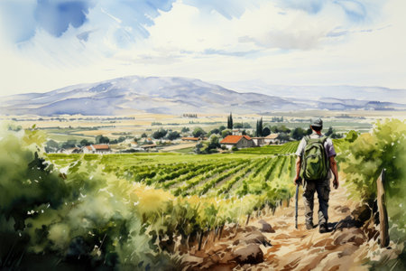a hiker with a backpack walking through a vineyard.の素材