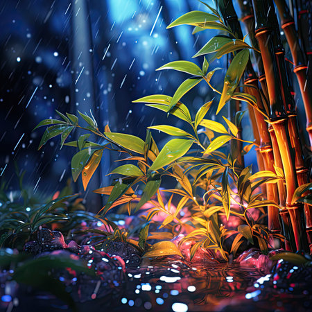 a bamboo garden with raindrops falling on itの素材