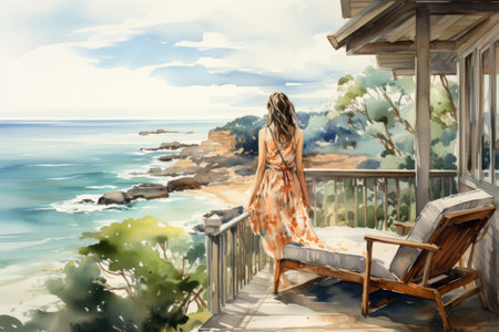 Beautiful girl in a long dress on the terrace of a beach houseの素材