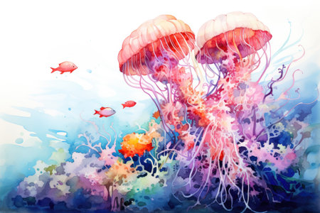 Watercolor illustration Underwater landscape with jellyfishes and algae.の素材