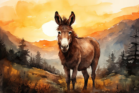 Donkey in the mountains at sunsetの素材