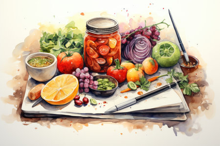 Healthy food background with fresh fruits and vegetablesの素材