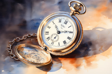 Vintage pocket watch on watercolor background. Time is money conceptの素材