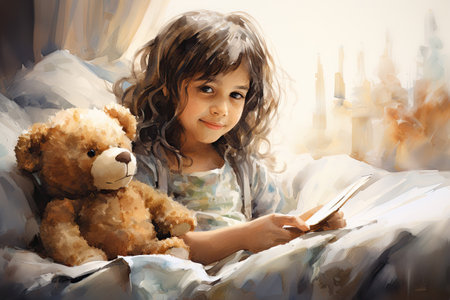 Cute little girl reading a book in bed with teddy bearの素材