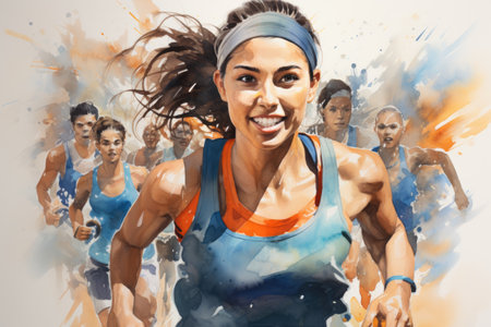 Digital composite of Athlete woman running against splash of watercolorsの素材