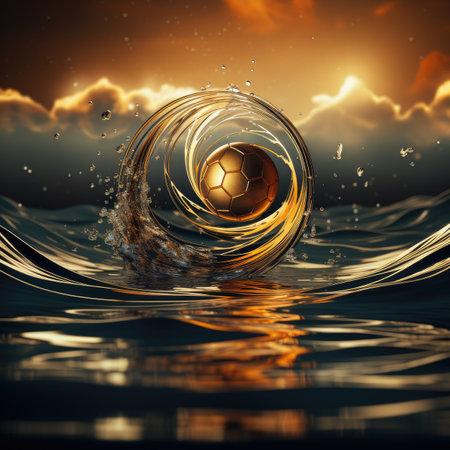 Soccer ball in water on sunset background.の素材