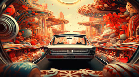 Vintage car in the futuristic space. 3d render illustration.の素材