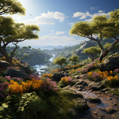 Landscape with mountains, river and flowers.の素材