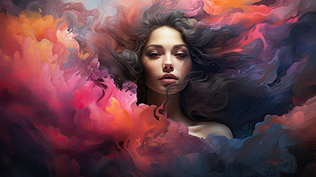 Beautiful young woman with long curly hair and bright make-up.の素材