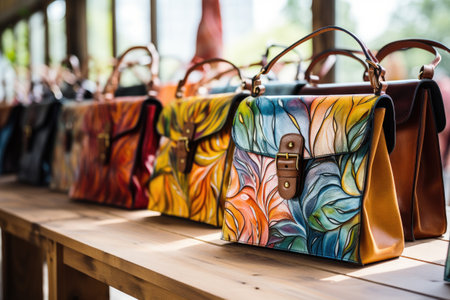 Colorful leather handbags on a wooden shelf in a shop.の素材