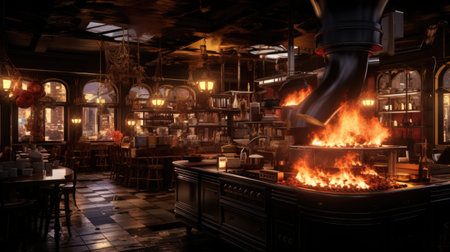 a fire in a pub or restaurant at nightの素材