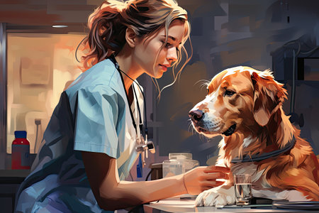 Veterinarian examining a dog in a vet clinic.の素材