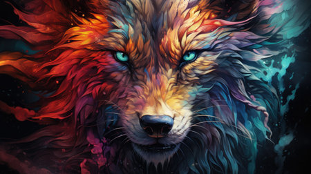 Colorful portrait of a wolf in a surreal style.の素材