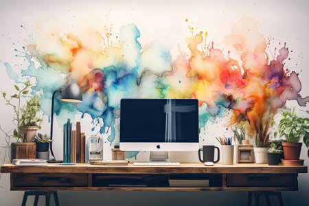 Modern workplace with computer and colorful watercolor paint splashes on the wall.の素材
