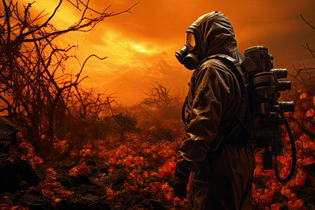 Man in gas mask and respirator in the forest at sunset.の素材