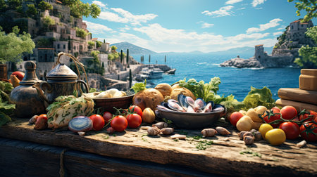 Composition of fresh vegetables and seafood on wooden table in front of the sea.の素材