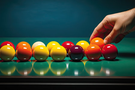 Close up of human hand playing billiards with colorful balls on tableの素材