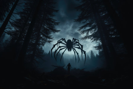 Creepy spider in the dark forest at night.の素材