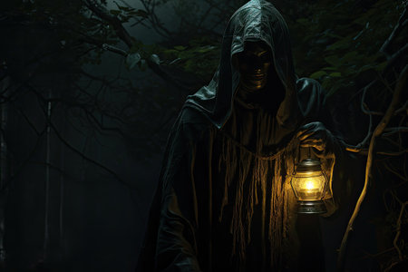 Grim reaper with lantern in dark forest.の素材
