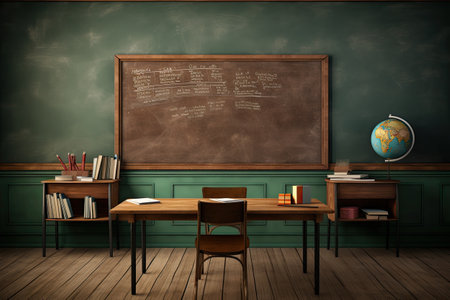 School classroom interior with blackboard on the wallの素材