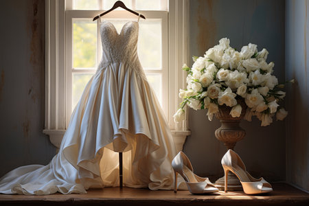Wedding dress and shoes on a wooden shelf near the windowの素材