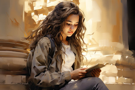 Portrait of a beautiful young woman with long curly hair and a book in her hands.の素材
