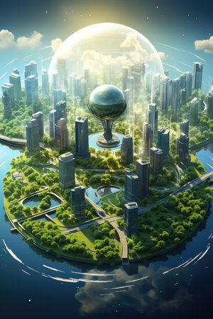 Modern city with globe in the middle of the earth.の素材