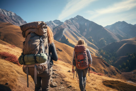 Hiking couple with backpacks hiking in the mountains. Travel and active lifestyleの素材