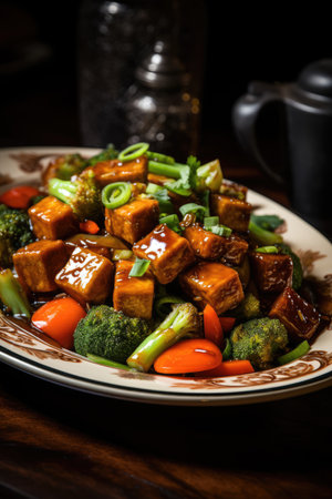 stir-fried tofu with vegetables on a wooden tableの素材