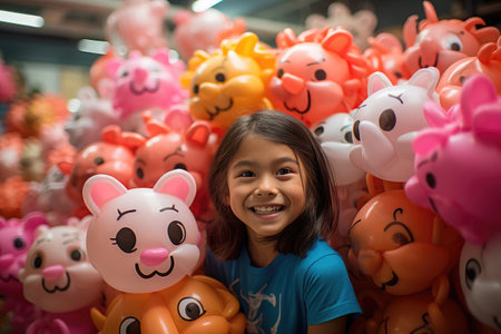 Happy asian little girl holding colorful balloons in the shopping mall.の素材