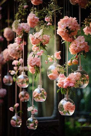 wedding decor with pink roses in vases hanging on the doorの素材