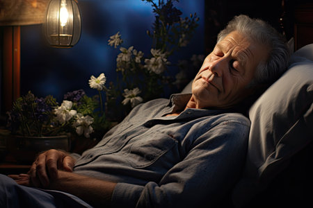 Sick senior man lying in bed at night. Sleep disorder.の素材